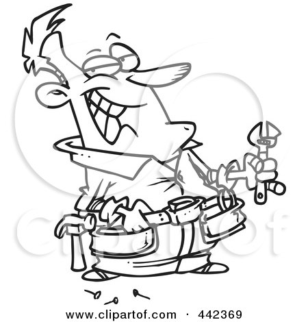 Royalty-Free (RF) Clip Art Illustration of a Cartoon Black And White Outline Design Of A Repair Man Holding A Wrench by toonaday