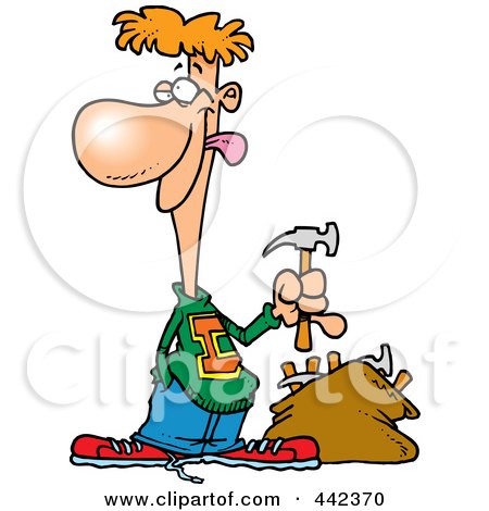Royalty-Free (RF) Clip Art Illustration of a Cartoon Young Man With A Bag Of Hammers by toonaday