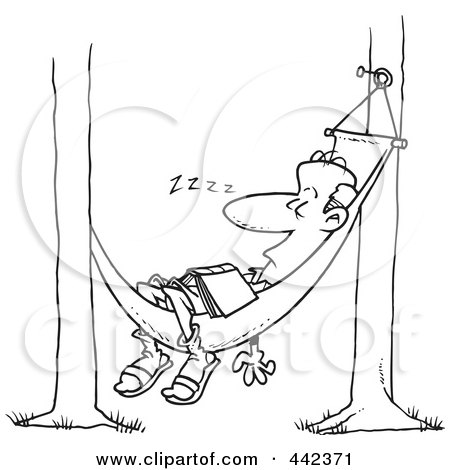 Royalty-Free (RF) Clip Art Illustration of a Cartoon Black And White Outline Design Of A Man Snoozing In A Hammock by toonaday