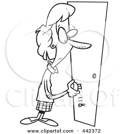 Royalty-Free (RF) Clip Art Illustration of a Cartoon Black And White Outline Design Of A Woman Holding A Broken Door Handle by toonaday