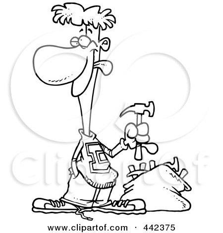 Royalty-Free (RF) Clip Art Illustration of a Cartoon Black And White Outline Design Of A Young Man With A Bag Of Hammers by toonaday