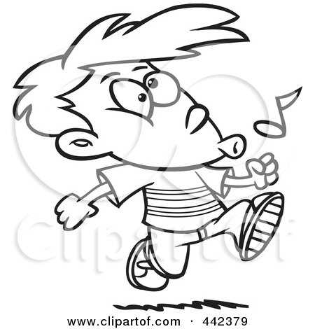 Royalty-Free (RF) Clip Art Illustration of a Cartoon Black And White Outline Design Of A Boy Walking And Whistling by toonaday