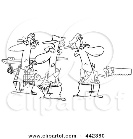 Royalty-Free (RF) Clip Art Illustration of a Cartoon Black And White Outline Design Of A Team Of Three Accident Prone Handy Men by toonaday