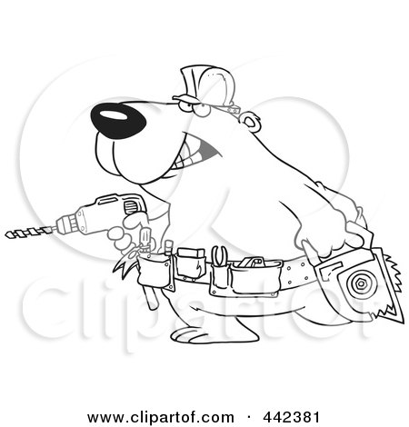 Royalty-Free (RF) Clip Art Illustration of a Cartoon Black And White Outline Design Of A Handy Bear With Tools by toonaday