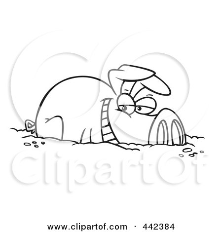 Royalty-Free (RF) Clip Art Illustration of a Cartoon Black And White Outline Design Of A Happy Pig In A Mud Puddle by toonaday