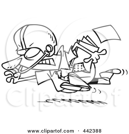 Royalty-Free (RF) Clip Art Illustration of a Cartoon Black And White Outline Design Of A Businessman Running With A File And Wearing A Helmet by toonaday