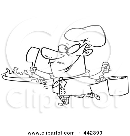 Royalty-Free (RF) Clip Art Illustration of a Cartoon Black And White Outline Design Of A Multi Tasking Chef by toonaday