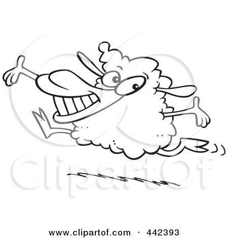 Royalty-Free (RF) Clip Art Illustration of a Cartoon Black And White Outline Design Of A Happy Lamb Leaping by toonaday