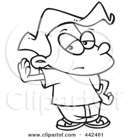 Royalty-Free (RF) Clip Art Illustration of a Cartoon Black And White Outline Design Of A Boy Gesturing To Talk To The Hand by toonaday