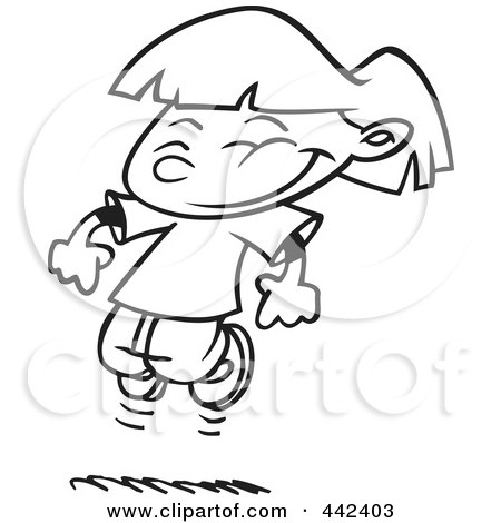 Royalty-Free (RF) Clip Art Illustration of a Cartoon Black And White Outline Design Of A Happy Girl Leaping by toonaday