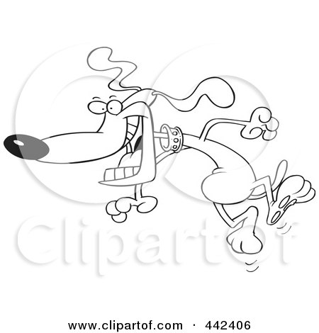 Royalty-Free (RF) Clip Art Illustration of a Cartoon Black And White Outline Design Of A Happy Dog Jumping by toonaday