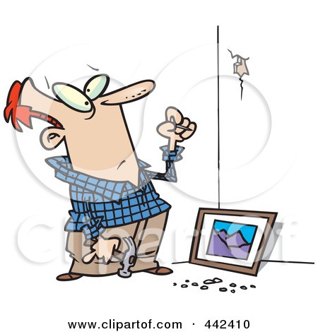 Royalty-Free (RF) Clip Art Illustration of a Cartoon Man Trying To Hang A Picture On A Wall by toonaday
