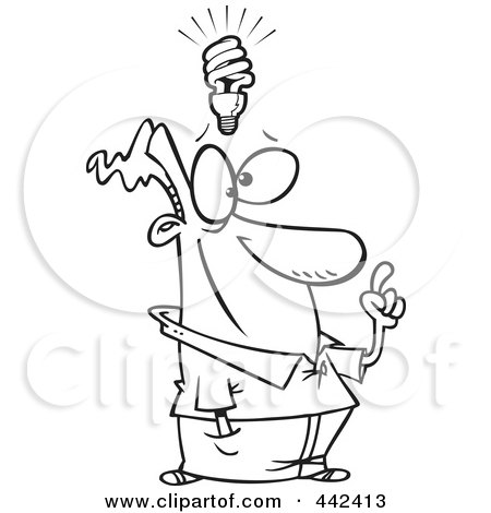 Royalty-Free (RF) Clip Art Illustration of a Cartoon Black And White Outline Design Of A Man With A Halogen Light Idea by toonaday