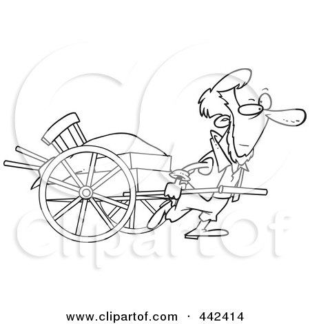 Royalty-Free (RF) Clip Art Illustration of a Cartoon Black And White Outline Design Of An Amish Man Pulling A Hand Cart by toonaday