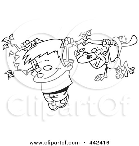 Royalty-Free (RF) Clip Art Illustration of a Cartoon Black And White Outline Design Of A Boy And A Monkey Hanging From A Tree Branch by toonaday