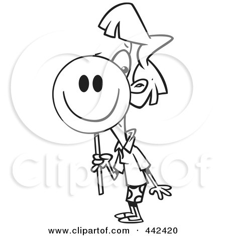 Royalty-Free (RF) Clip Art Illustration of a Cartoon Black And White Outline Design Of A Businesswoman Putting On A Happy Face by toonaday