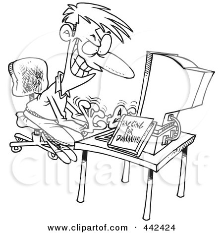 Royalty-Free (RF) Clip Art Illustration of a Cartoon Black And White Outline Design Of A Computer Hacking Man by toonaday