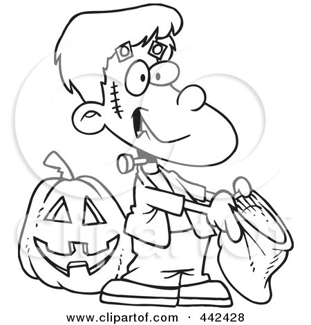 Royalty-Free (RF) Clip Art Illustration of a Cartoon Black And White Outline Design Of A Frankenstein Boy Trick Or Treating by toonaday