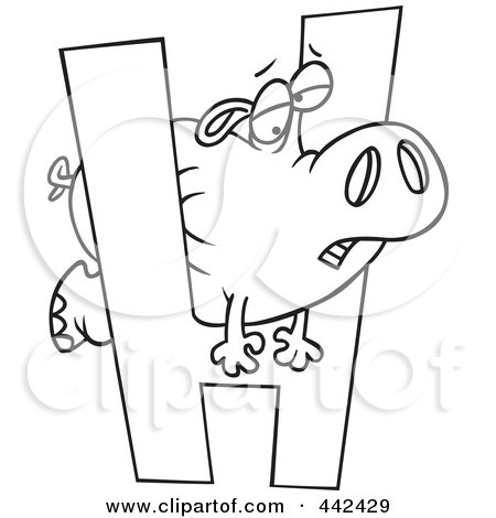 Royalty-Free (RF) Clip Art Illustration of a Cartoon Black And White Outline Design Of A Hippo Squeezing Through A Letter H by toonaday