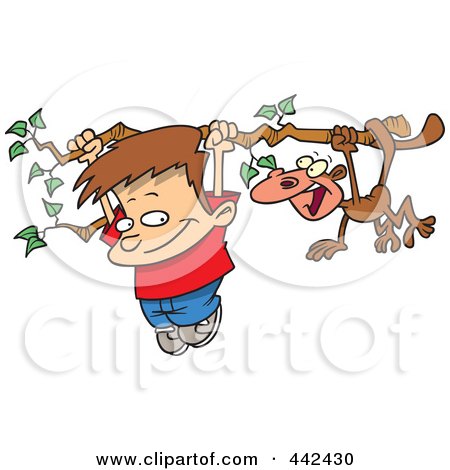 Royalty-Free (RF) Clip Art Illustration of a Cartoon Boy And A Monkey Hanging From A Tree Branch by toonaday