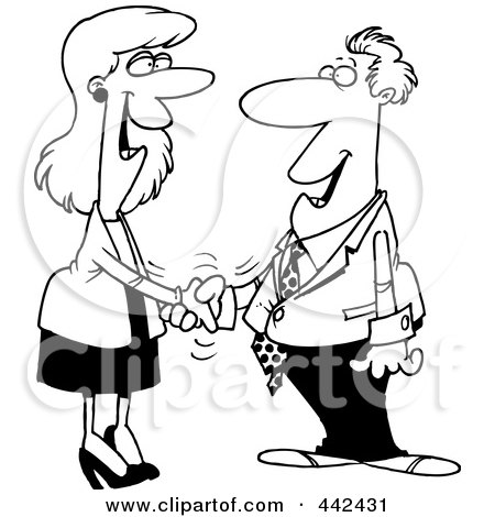 Royalty-Free (RF) Clip Art Illustration of a Cartoon Black And White Outline Design Of A Businessman And Woman Shaking Hands by toonaday