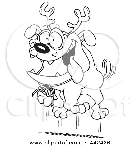Royalty-Free (RF) Clip Art Illustration of a Cartoon Black And White Outline Design Of Christmas Bulldog Wearing Antlers by toonaday