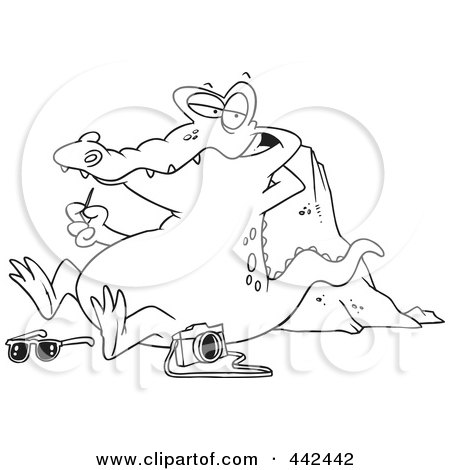 Royalty-Free (RF) Clip Art Illustration of a Cartoon Black And White Outline Design Of A Gator Picking His Teeth After Eating A Tourist by toonaday