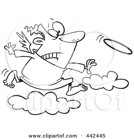 Royalty-Free (RF) Clip Art Illustration of a Cartoon Black And White Outline Design Of A Male Angel Chasing His Halo by toonaday