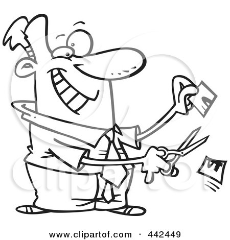Royalty-Free (RF) Clip Art Illustration of a Cartoon Black And White Outline Design Of A Businessman Cutting His Price In Half by toonaday