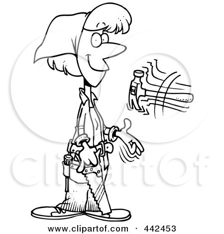 Royalty-Free (RF) Clip Art Illustration of a Cartoon Black And White Outline Design Of A Female Carpenter Holding A Saw And Tossing A Hammer by toonaday