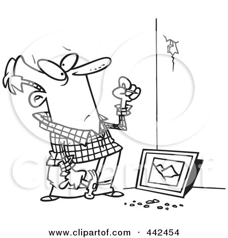 Royalty-Free (RF) Clip Art Illustration of a Cartoon Black And White Outline Design Of A Man Trying To Hang A Picture On A Wall by toonaday