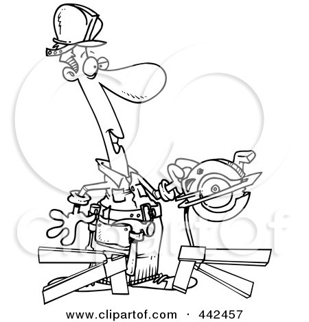 Royalty-Free (RF) Clip Art Illustration of a Cartoon Black And White Outline Design Of A Repair Man Using A Circular Saw by toonaday