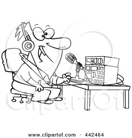 Royalty-Free (RF) Clip Art Illustration of a Cartoon Black And White Outline Design Of A Man Talking On Ham Radio by toonaday