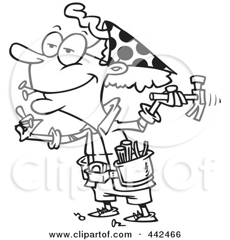 Royalty-Free (RF) Clip Art Illustration of a Cartoon Black And White Outline Design Of A Handy Granny Using A Hammer by toonaday