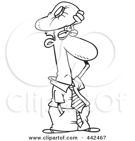 Royalty-Free (RF) Clip Art Illustration of a Cartoon Black And White Outline Design Of A Migraine Ridden Businessman Holding An Ice Pack To His Head by toonaday