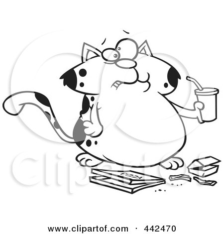 Royalty-Free (RF) Clip Art Illustration of a Cartoon Black And White Outline Design Of A Fat Cat Sipping Soda And Eating Fast Food by toonaday