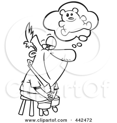 Royalty-Free (RF) Clip Art Illustration of a Cartoon Black And White Outline Design Of A Man Thinking Of His Teddy Bear by toonaday