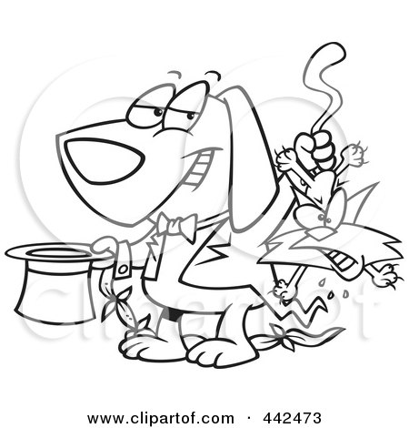 Royalty-Free (RF) Clip Art Illustration of a Cartoon Black And White Outline Design Of A Magician Dog Pulling A Cat Out Of A Hat by toonaday