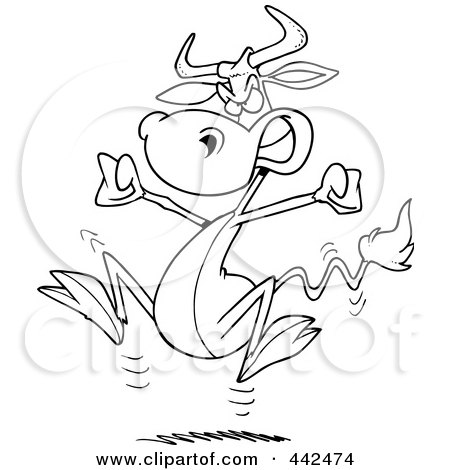 Royalty-Free (RF) Clip Art Illustration of a Cartoon Black And White Outline Design Of A Bull Having A Cow by toonaday