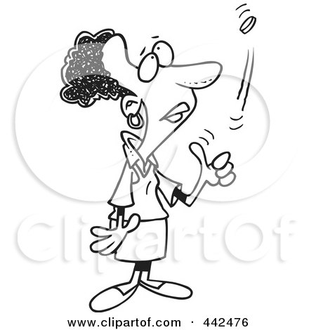 Royalty-Free (RF) Clip Art Illustration of a Cartoon Black And White Outline Design Of A Black Woman Flipping A Coin by toonaday