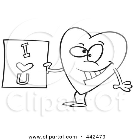 Royalty-Free (RF) Clip Art Illustration of a Cartoon Black And White Outline Design Of A Heart Holding An I Love You Sign by toonaday