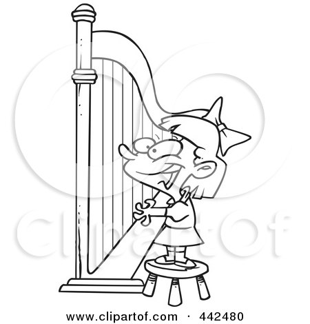 Royalty-Free (RF) Clip Art Illustration of a Cartoon Black And White Outline Design Of A Girl Playing A Harp by toonaday
