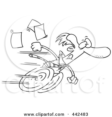 Royalty-Free (RF) Clip Art Illustration of a Cartoon Black And White Outline Design Of A Fast Businessman On Wheels by toonaday