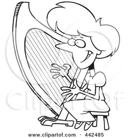 Royalty-Free (RF) Clip Art Illustration of a Cartoon Black And White Outline Design Of A Woman Playing A Harp by toonaday