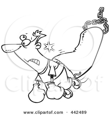 Royalty-Free (RF) Clip Art Illustration of a Cartoon Black And White Outline Design Of A Man Being Knocked Out By A Punching Bag by toonaday