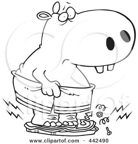 Royalty-Free (RF) Clip Art Illustration of a Cartoon Black And White Outline Design Of A Heavy Hippo Crushing A Scale by toonaday