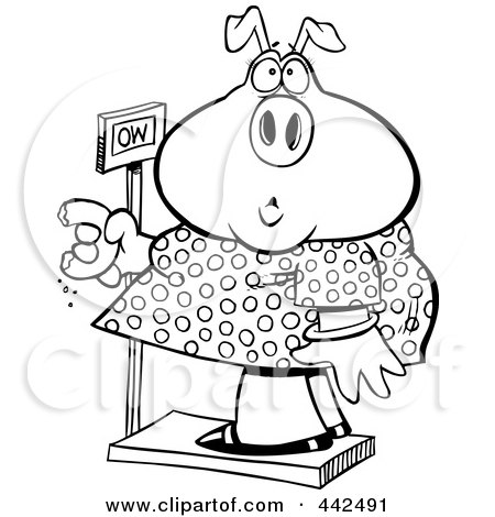 Royalty-Free (RF) Clip Art Illustration of a Cartoon Black And White Outline Design Of A Heavy Pig Eating A Donut On The Scale by toonaday