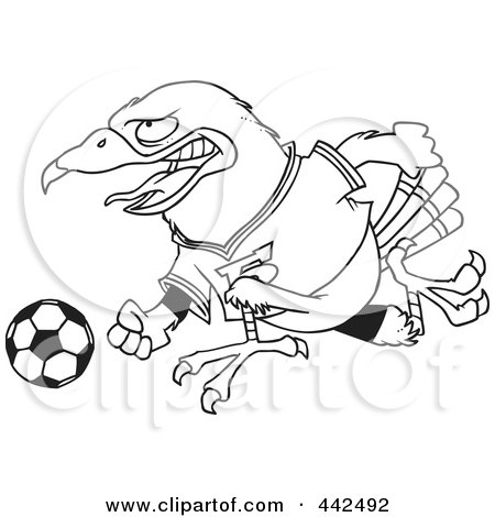Royalty-Free (RF) Clip Art Illustration of a Cartoon Black And White Outline Design Of A Soccer Hawk by toonaday