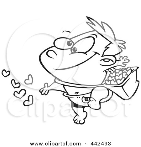 Royalty-Free (RF) Clip Art Illustration of a Cartoon Black And White Outline Design Of A Cute Baby Tossing Hearts by toonaday