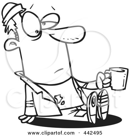Royalty-Free (RF) Clip Art Illustration of a Cartoon Black And White Outline Design Of A Homeless Man Sitting And Holding A Cup by toonaday